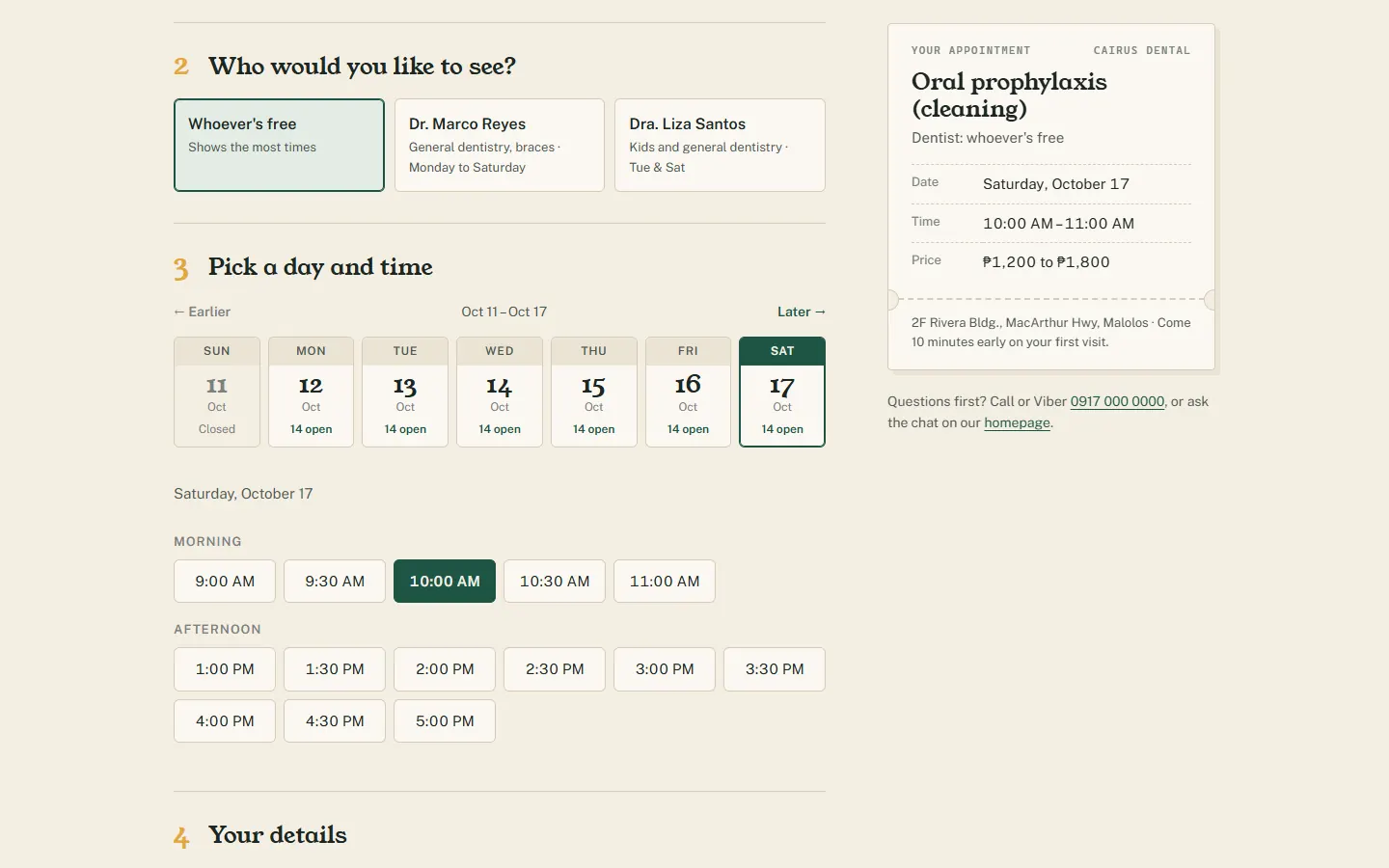 Booking page with a day strip, open times and an appointment slip filling in on the side