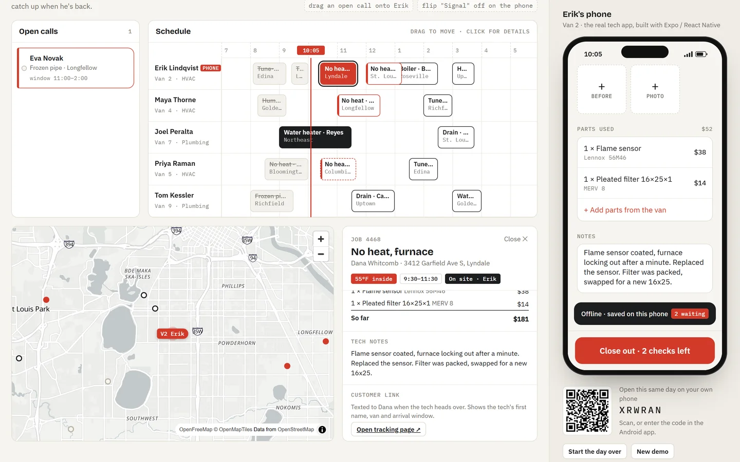 A no-heat job open on the dispatch board with parts and the tech's notes, a map of vans across Minneapolis, and the same job's parts and notes on the phone
