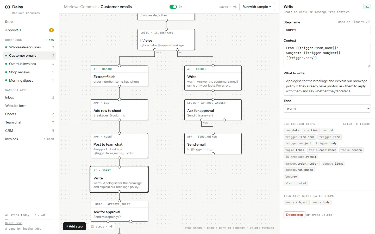 Editing an AI Write step in the Customer emails workflow, with its context template, instructions, tone and chips for every earlier step's output
