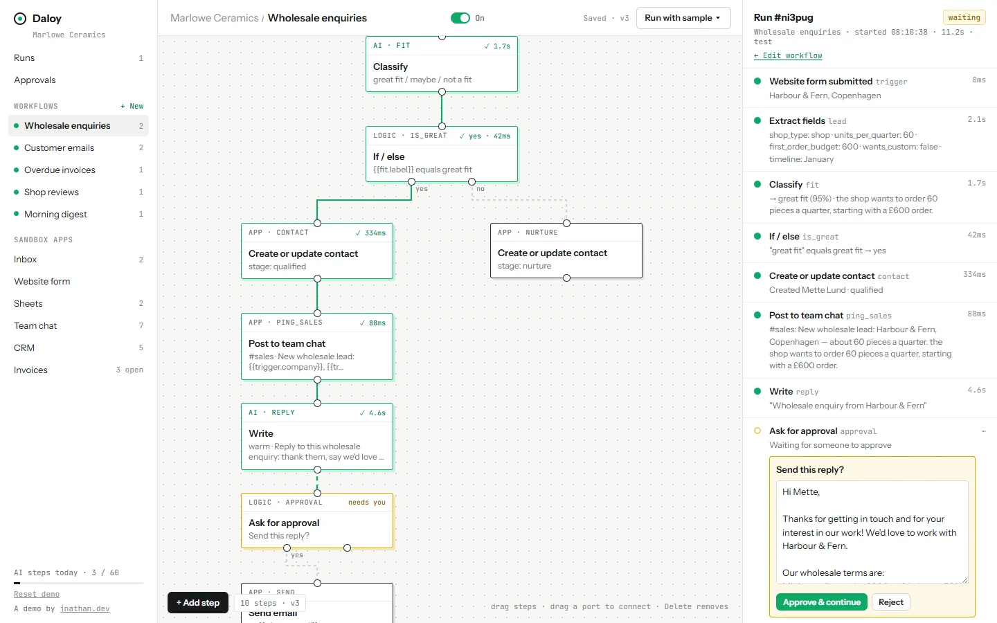 Daloy canvas with a wholesale enquiry run in progress: finished steps in green, the branch not taken faded, and the AI's reply waiting for approval in the run log