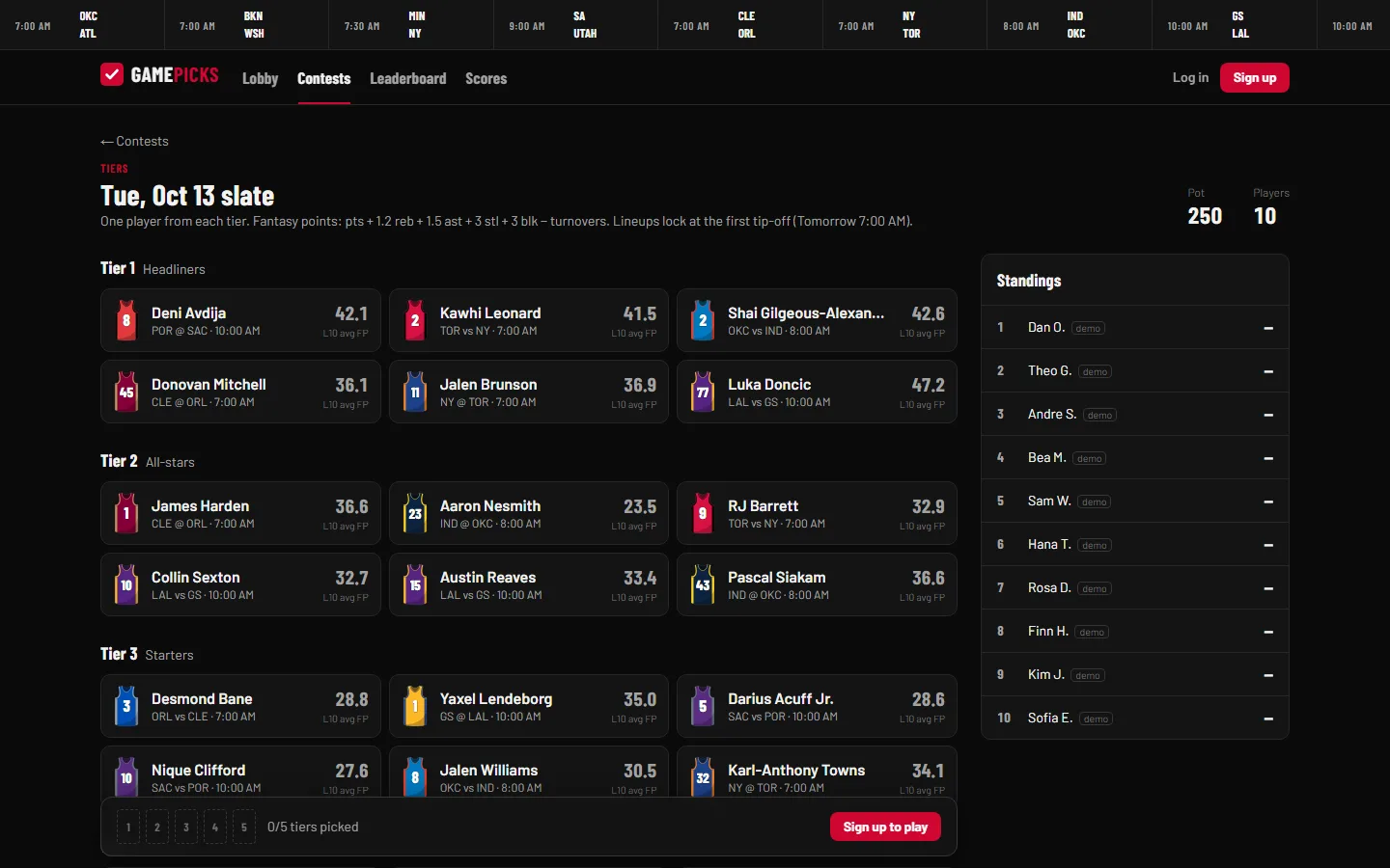 GamePicks Tiers contest with five tiers of players, recent fantasy averages and live standings