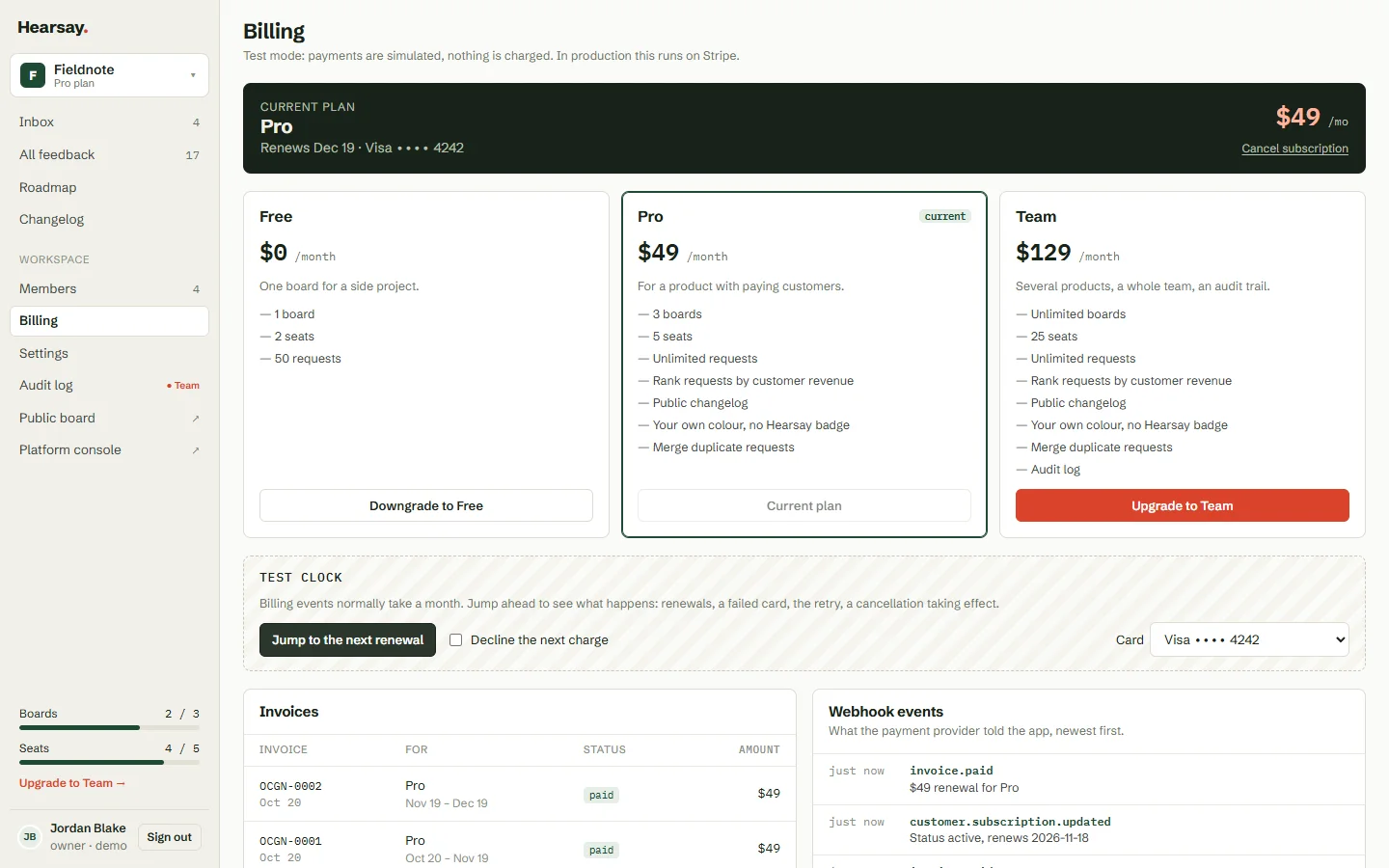 Hearsay billing page on the Pro plan with Free, Pro and Team plan cards, the test clock controls, invoices and the webhook event log