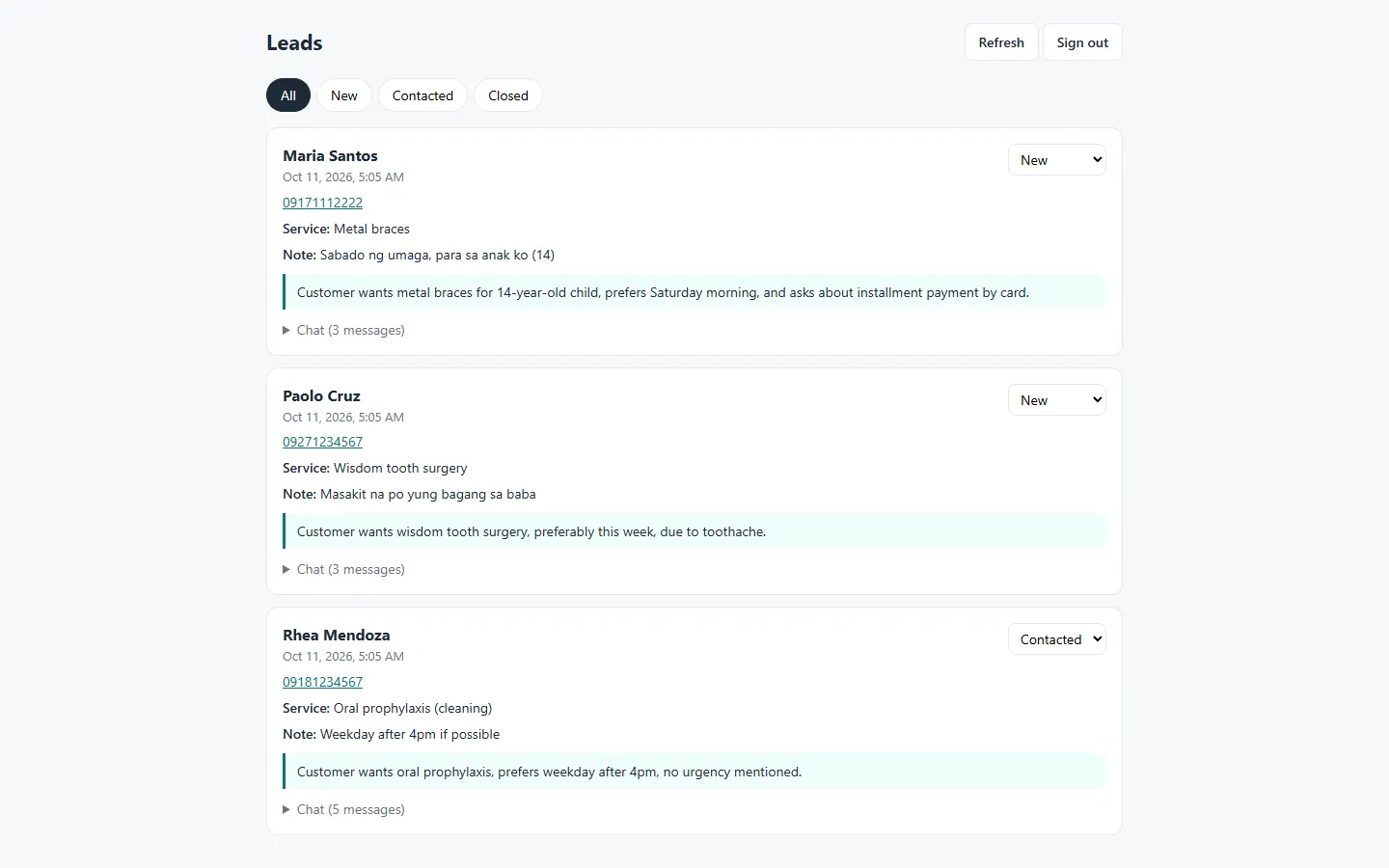 Lead dashboard listing booking requests with AI summaries and status