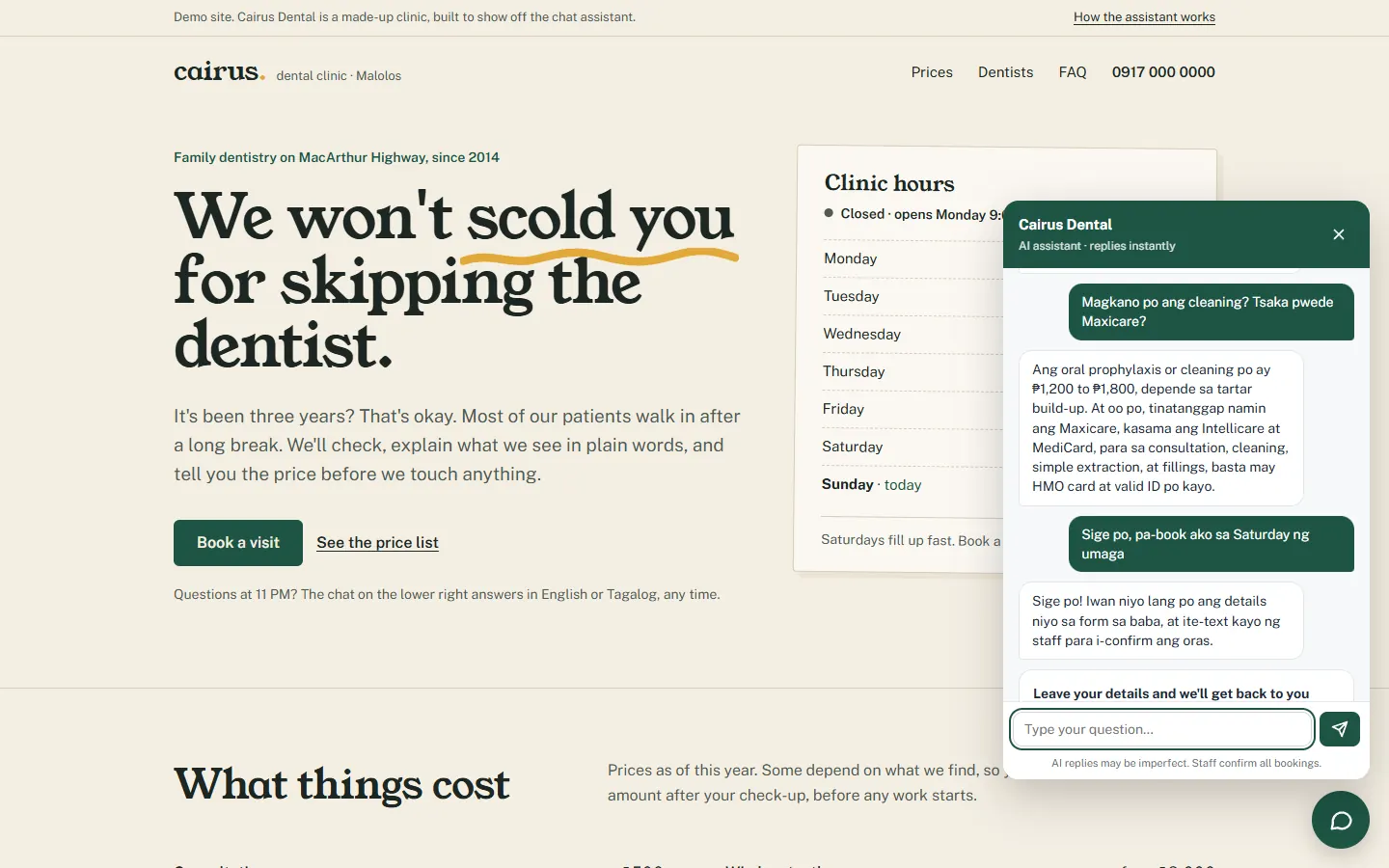 Demo clinic site with the chat assistant answering a price question in Taglish and showing the booking form
