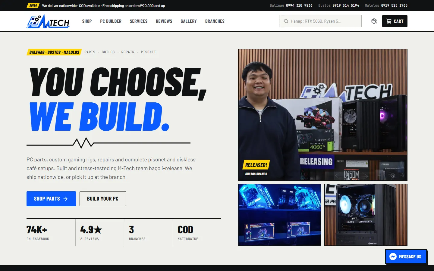 M-Tech homepage with the headline “You choose, we build.”