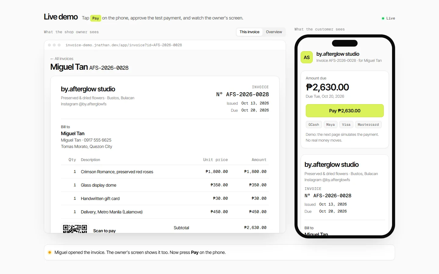 PaidUp live demo with the shop owner's invoice view next to the customer's phone showing a Pay button