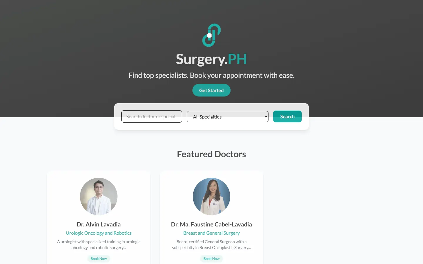 Surgery.PH homepage with specialist search and featured doctors