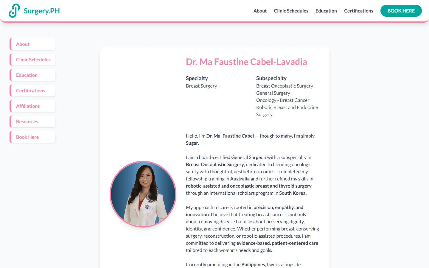 A breast surgeon's profile page with her specialties, background and section links