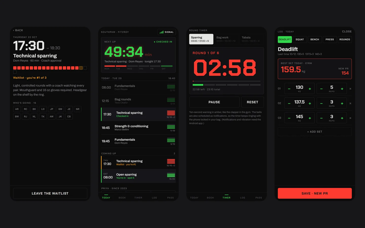 Four screens of the member app: a full sparring class with Priya first on the waitlist, the countdown to tonight's class, the round timer mid-round, and a deadlift entry flagged as a new PR