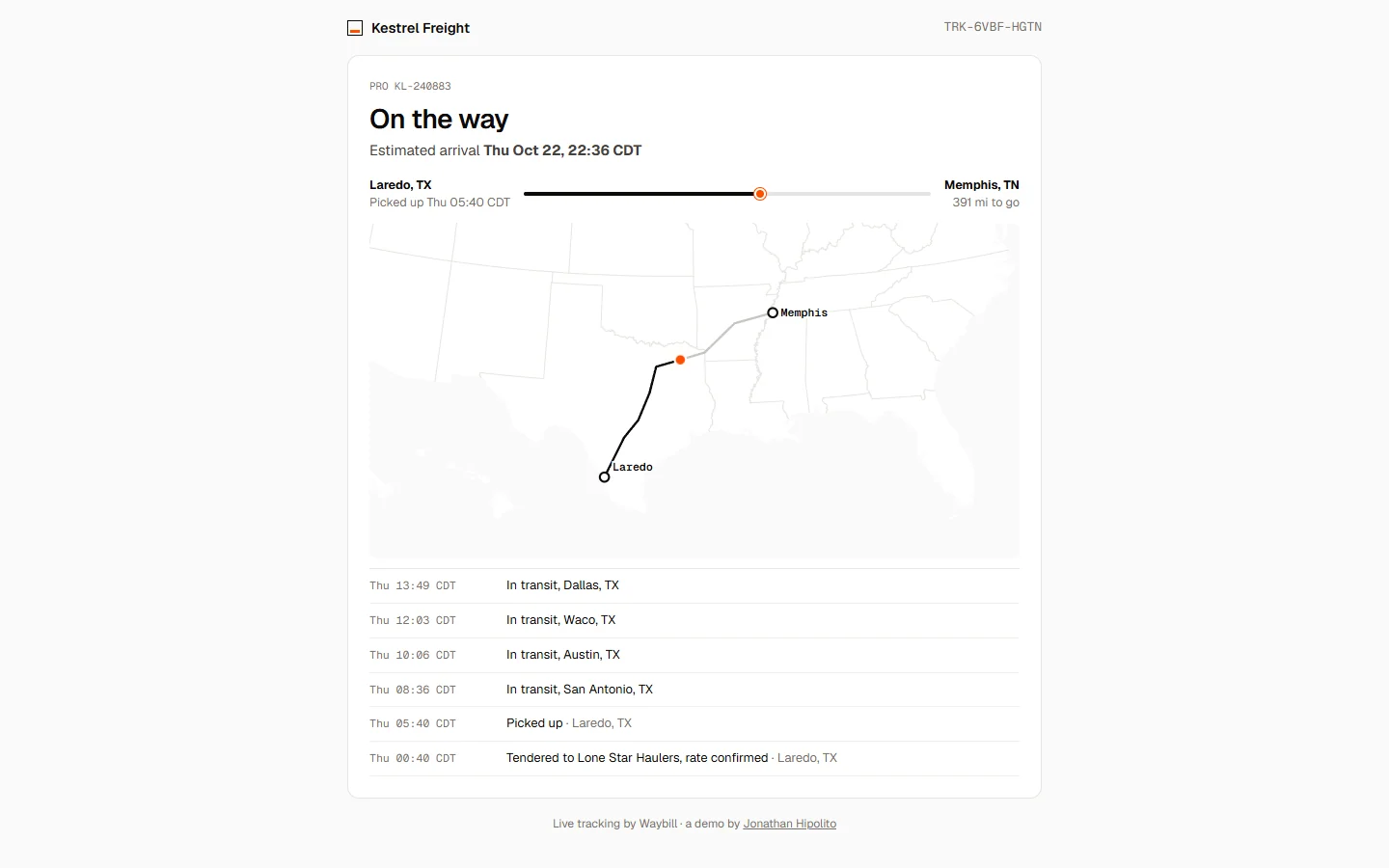 Public tracking page for the same load: on the way to Memphis, 391 miles to go, with each check call along the route
